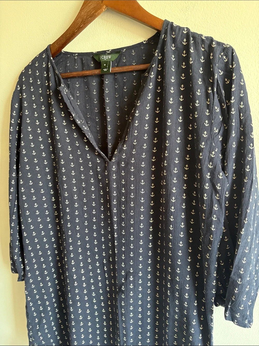 J.Crew Navy Anchor Print Popover Blouse Medium Coastal Nautical 3/4 Sleeve
